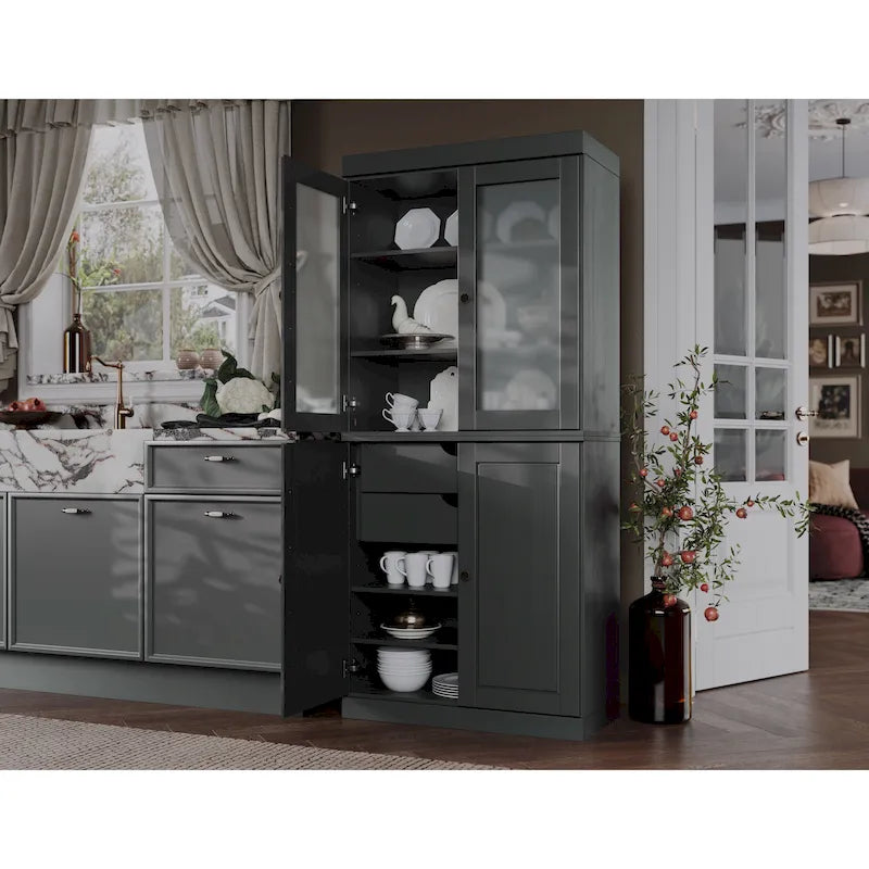 Solid Wood Kitchen Pantry Cabinet with Adjustable Shelves & Frosted Glass Doors 35
