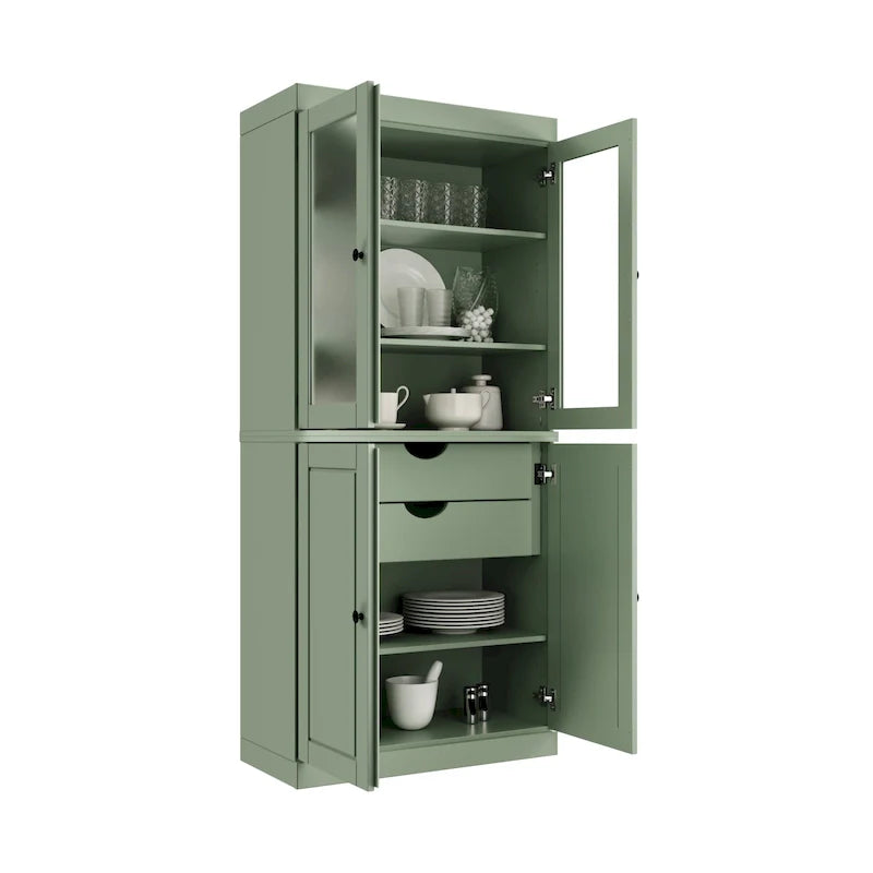 Palace Imports Solid Wood Pantry Cabinet with Frosted Glass and Solid Doors, Featuring 2 Drawers and Adjustable Shelves 37