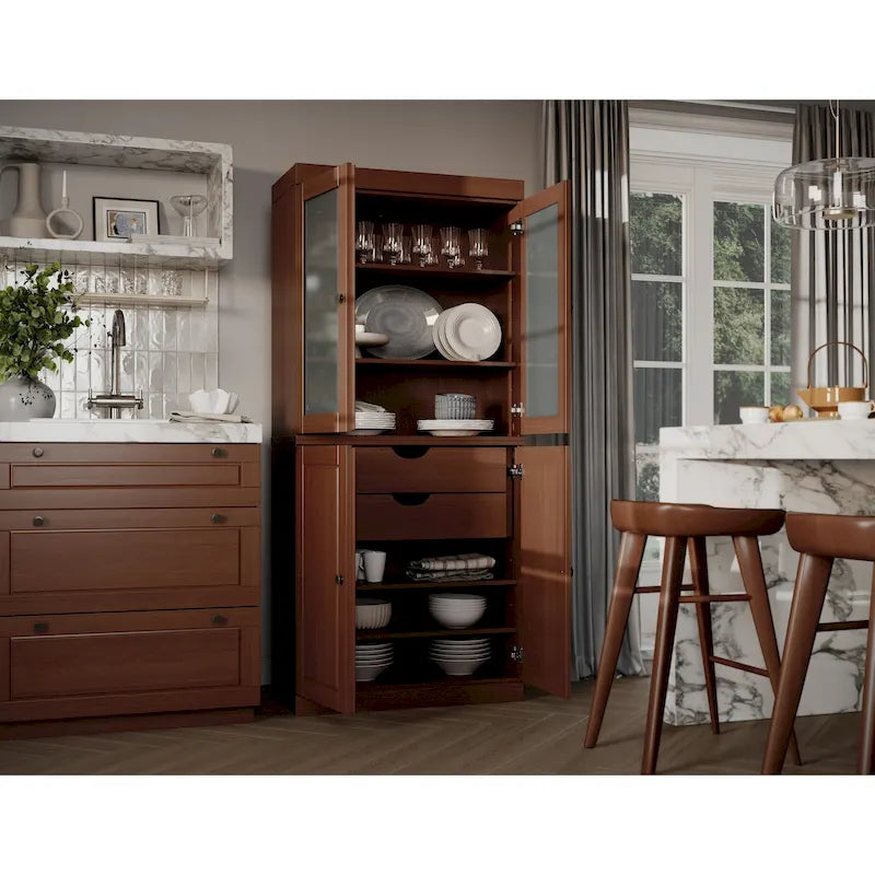 Palace Imports Solid Wood Pantry Cabinet with Frosted Glass and Solid Doors, Featuring 2 Drawers and Adjustable Shelves 38