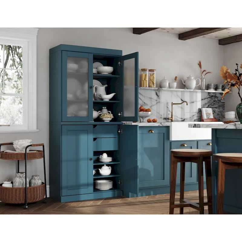 Palace Imports Solid Wood Pantry Cabinet with Frosted Glass and Solid Doors, Featuring 2 Drawers and Adjustable Shelves 40
