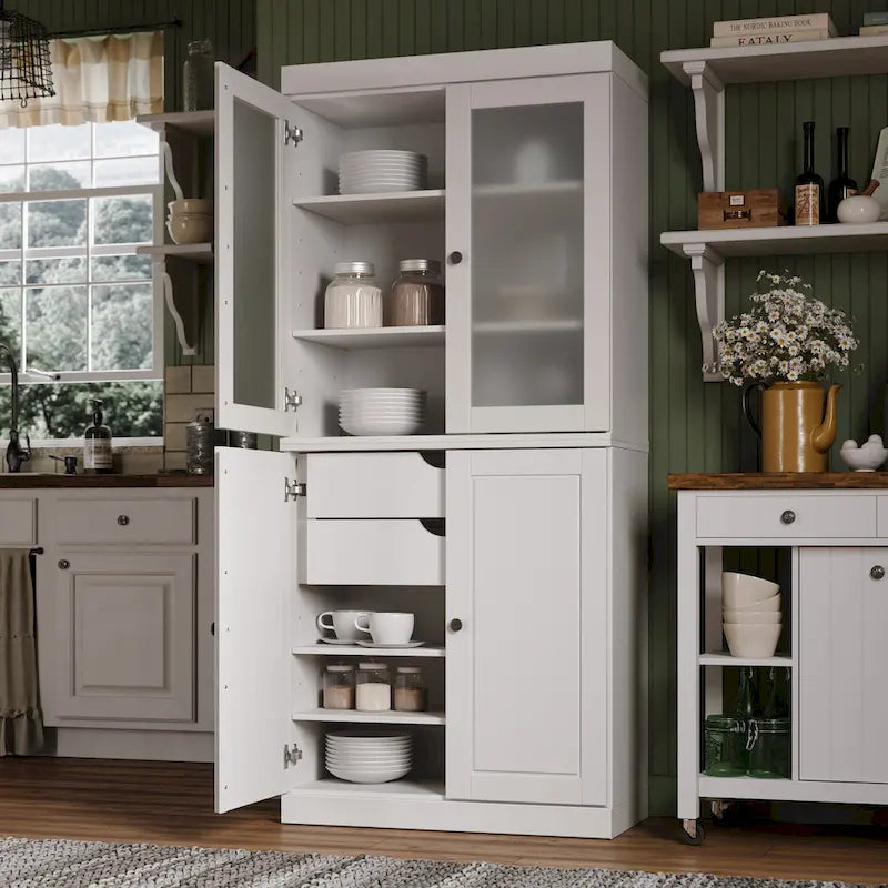 Palace Imports Solid Wood Pantry Cabinet with Frosted Glass and Solid Doors, Featuring 2 Drawers and Adjustable Shelves 1