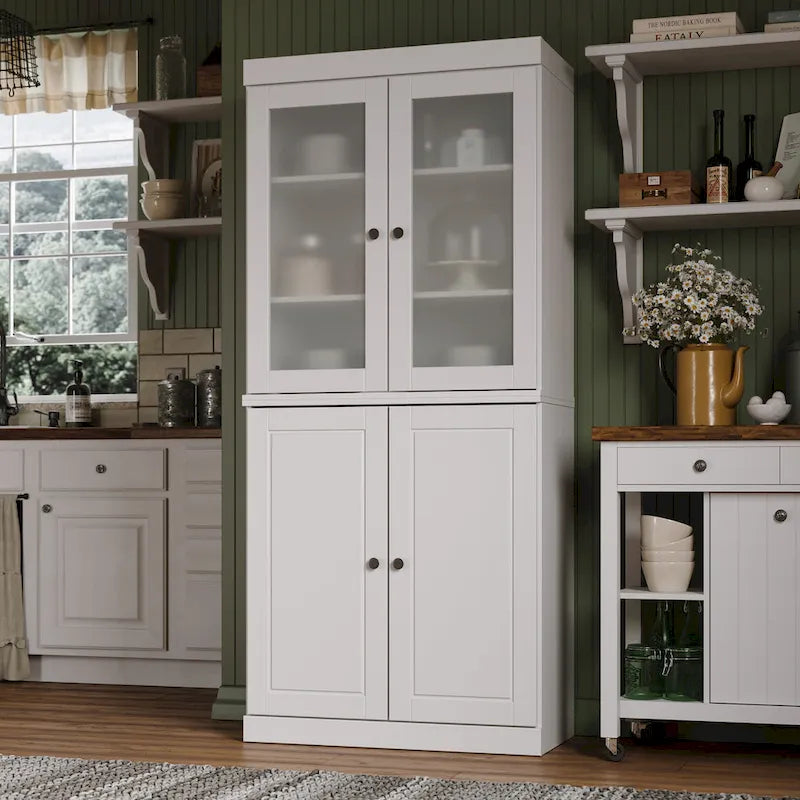 Solid Wood Kitchen Pantry Cabinet with Adjustable Shelves & Frosted Glass Doors