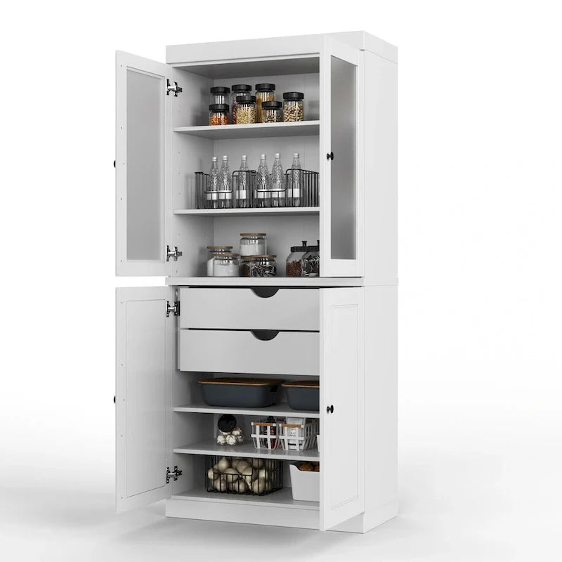 Solid Wood Kitchen Pantry Cabinet with Adjustable Shelves & Frosted Glass Doors 3