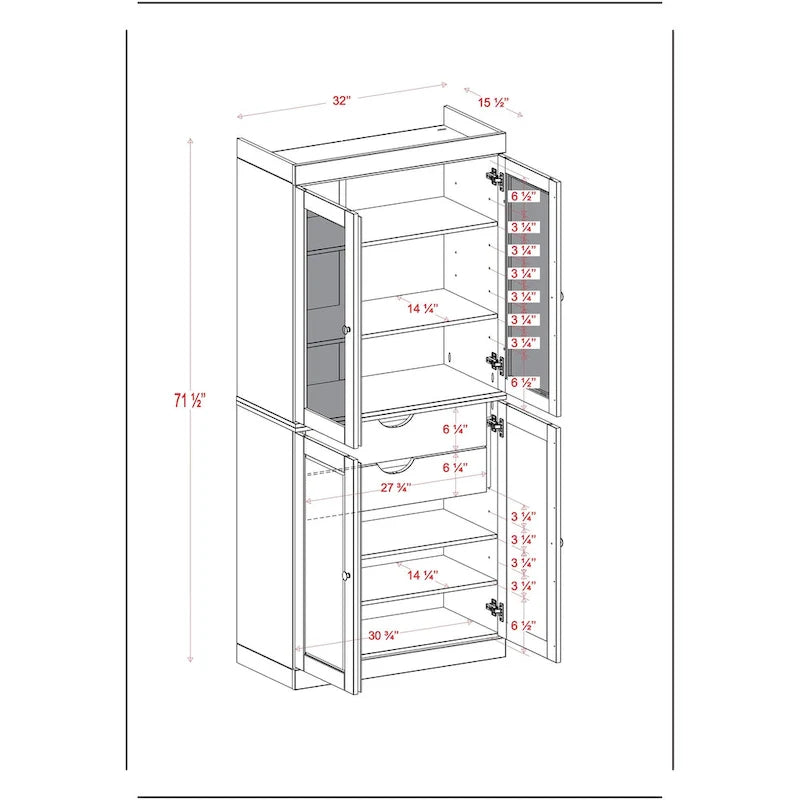 Palace Imports Solid Wood Pantry Cabinet with Frosted Glass and Solid Doors, Featuring 2 Drawers and Adjustable Shelves 5