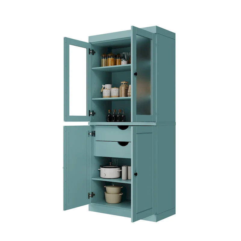 Palace Imports Solid Wood Pantry Cabinet with Frosted Glass and Solid Doors, Featuring 2 Drawers and Adjustable Shelves 6