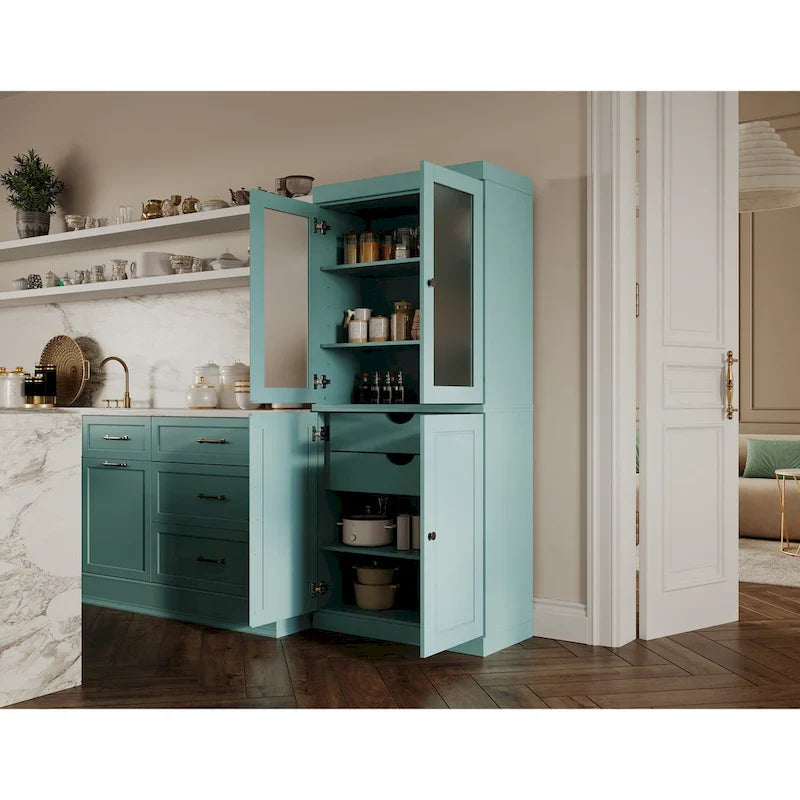 Palace Imports Solid Wood Pantry Cabinet with Frosted Glass and Solid Doors, Featuring 2 Drawers and Adjustable Shelves 7