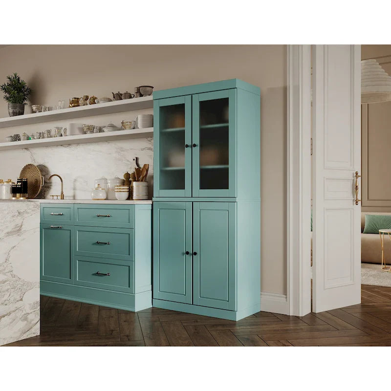 Solid Wood Kitchen Pantry Cabinet with Adjustable Shelves & Frosted Glass Doors 8
