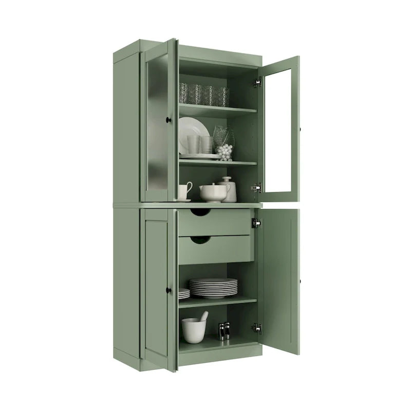 Palace Imports Solid Wood Pantry Cabinet with Frosted Glass and Solid Doors, Featuring 2 Drawers and Adjustable Shelves 10