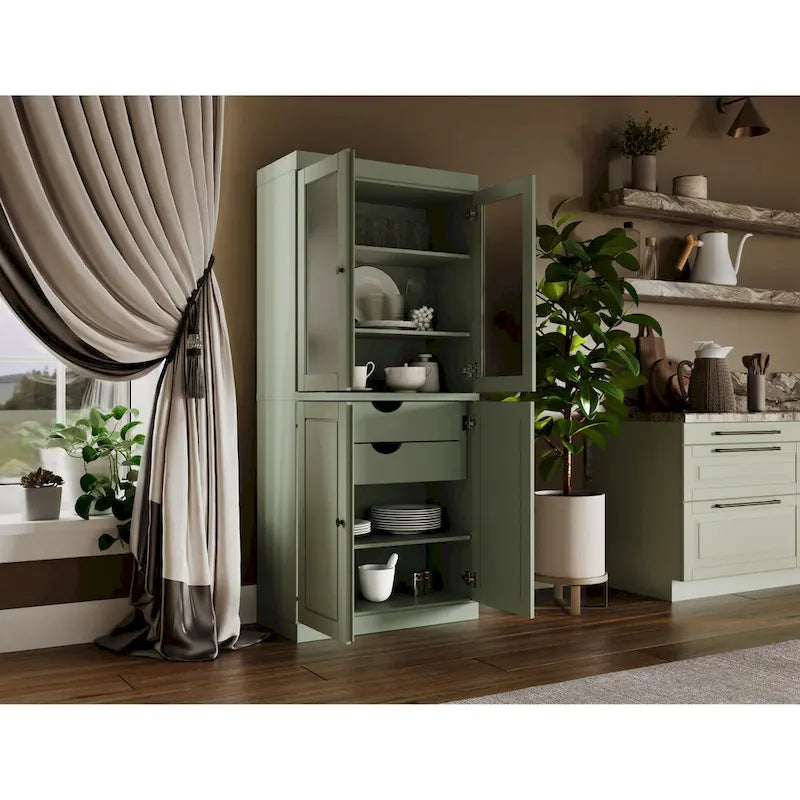 Solid Wood Kitchen Pantry Cabinet with Adjustable Shelves & Frosted Glass Doors 11