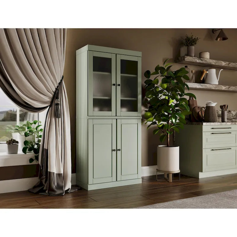 Palace Imports Solid Wood Pantry Cabinet with Frosted Glass and Solid Doors, Featuring 2 Drawers and Adjustable Shelves 12