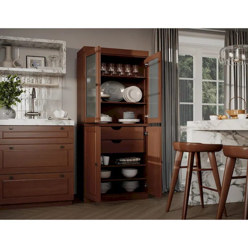 Palace Imports Solid Wood Pantry Cabinet with Frosted Glass and Solid Doors, Featuring 2 Drawers and Adjustable Shelves 14