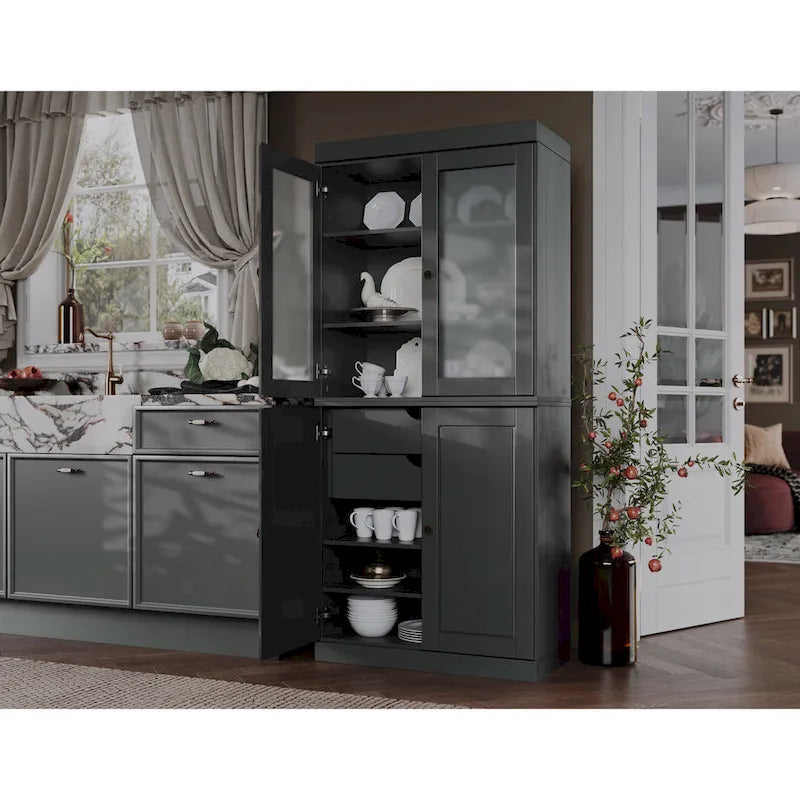 Solid Wood Kitchen Pantry Cabinet with Adjustable Shelves & Frosted Glass Doors 16