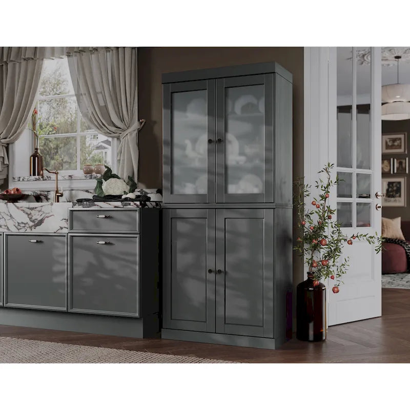Solid Wood Kitchen Pantry Cabinet with Adjustable Shelves & Frosted Glass Doors 17