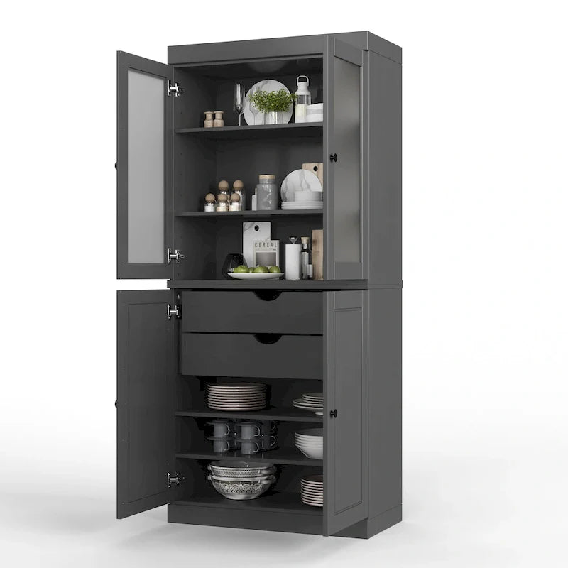 Palace Imports Solid Wood Pantry Cabinet with Frosted Glass and Solid Doors, Featuring 2 Drawers and Adjustable Shelves 19
