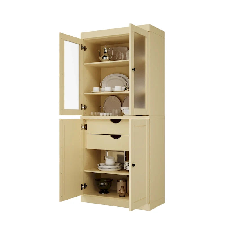 Palace Imports Solid Wood Pantry Cabinet with Frosted Glass and Solid Doors, Featuring 2 Drawers and Adjustable Shelves 20