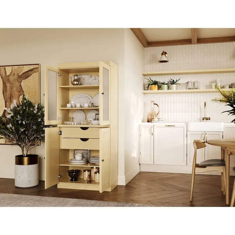 Palace Imports Solid Wood Pantry Cabinet with Frosted Glass and Solid Doors, Featuring 2 Drawers and Adjustable Shelves 21
