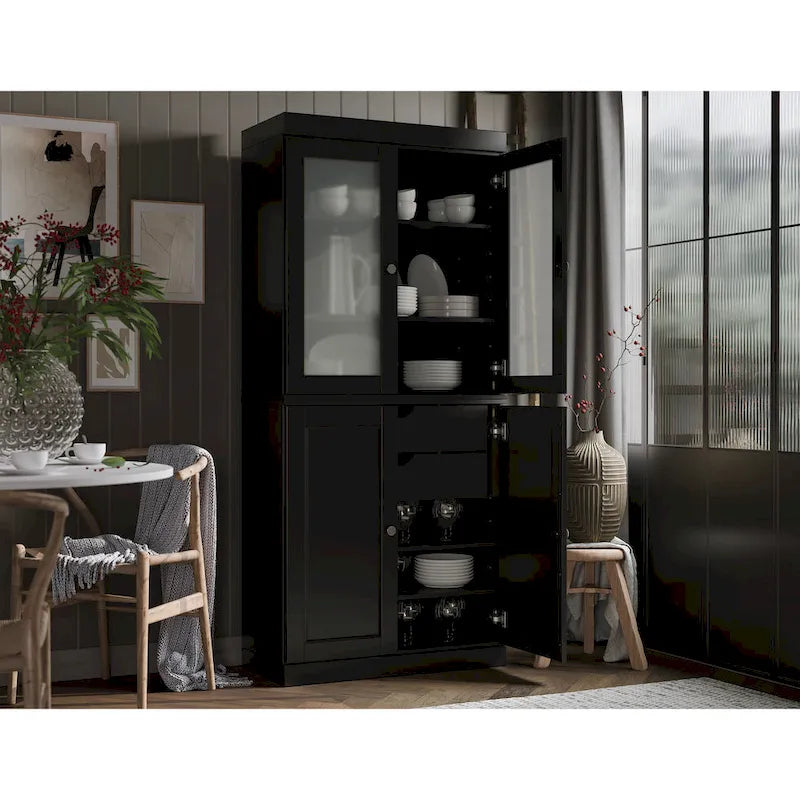 Solid Wood Kitchen Pantry Cabinet with Adjustable Shelves & Frosted Glass Doors 24