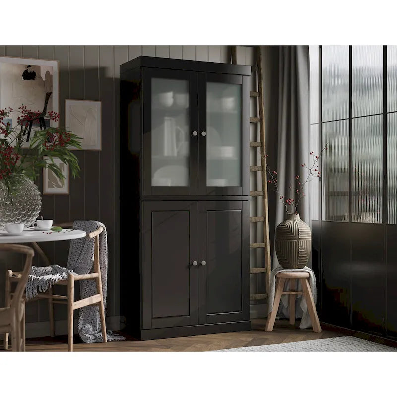 Solid Wood Kitchen Pantry Cabinet with Adjustable Shelves & Frosted Glass Doors 25