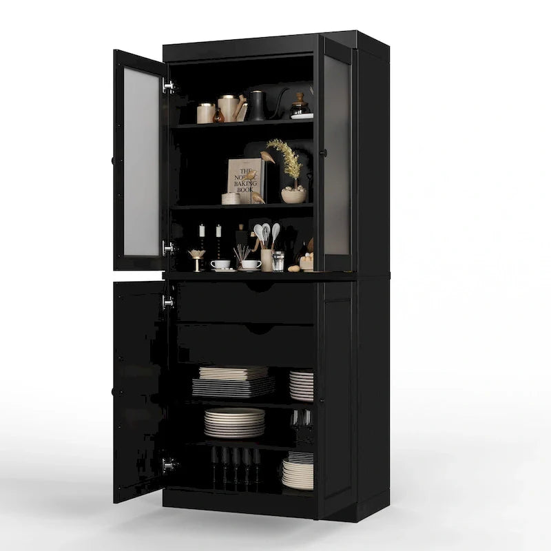Palace Imports Solid Wood Pantry Cabinet with Frosted Glass and Solid Doors, Featuring 2 Drawers and Adjustable Shelves 27