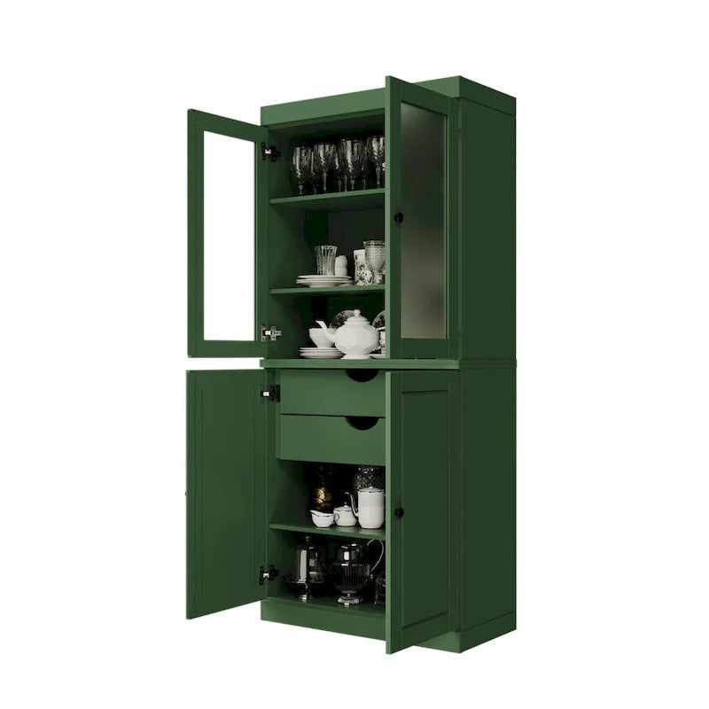 Palace Imports Solid Wood Pantry Cabinet with Frosted Glass and Solid Doors, Featuring 2 Drawers and Adjustable Shelves 28