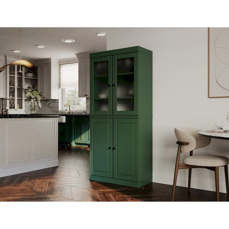 Palace Imports Solid Wood Pantry Cabinet with Frosted Glass and Solid Doors, Featuring 2 Drawers and Adjustable Shelves 30