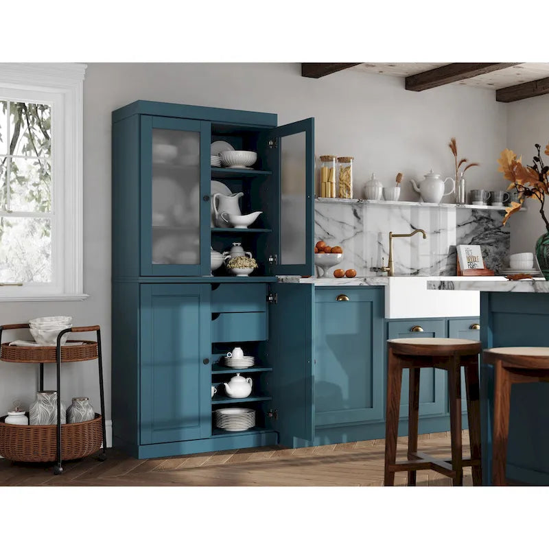 Palace Imports Solid Wood Pantry Cabinet with Frosted Glass and Solid Doors, Featuring 2 Drawers and Adjustable Shelves 32