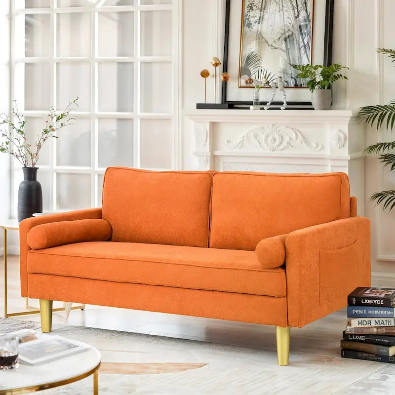 Elegant 65-Inch Orange Polyester 2-Seater Loveseat with Side Pockets and Round Cushions 2