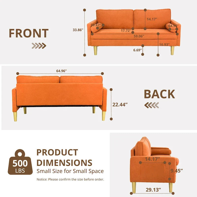 Elegant 65-Inch Orange Polyester 2-Seater Loveseat with Side Pockets and Round Cushions 3