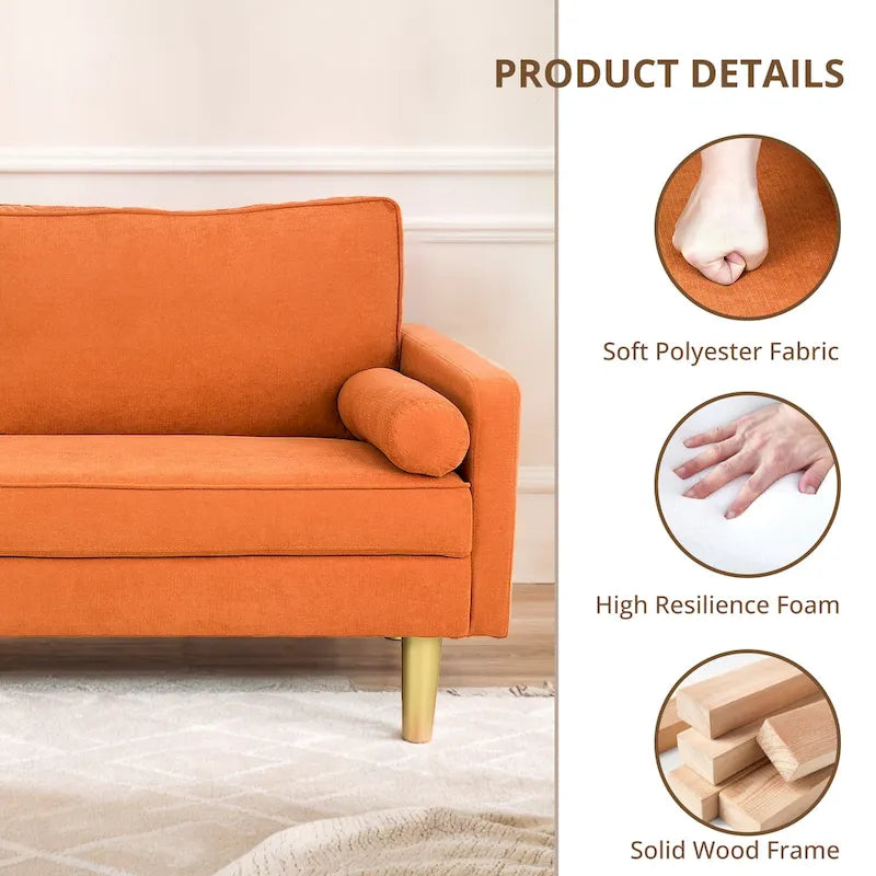 Elegant 65-Inch Orange Polyester 2-Seater Loveseat with Side Pockets and Round Cushions 4