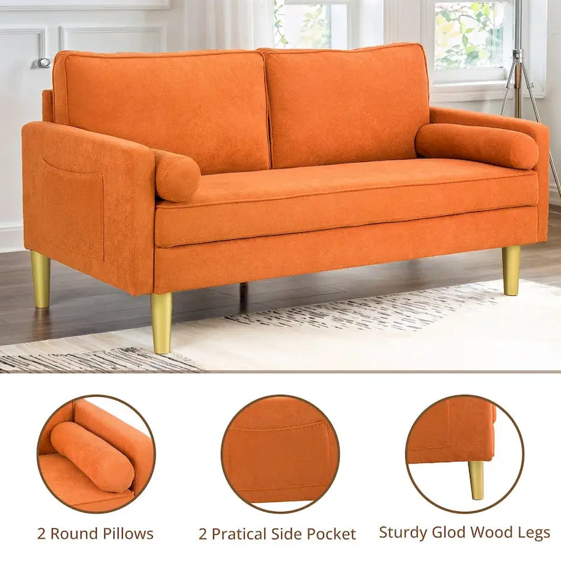 Elegant 65-Inch Orange Polyester 2-Seater Loveseat with Side Pockets and Round Cushions 5
