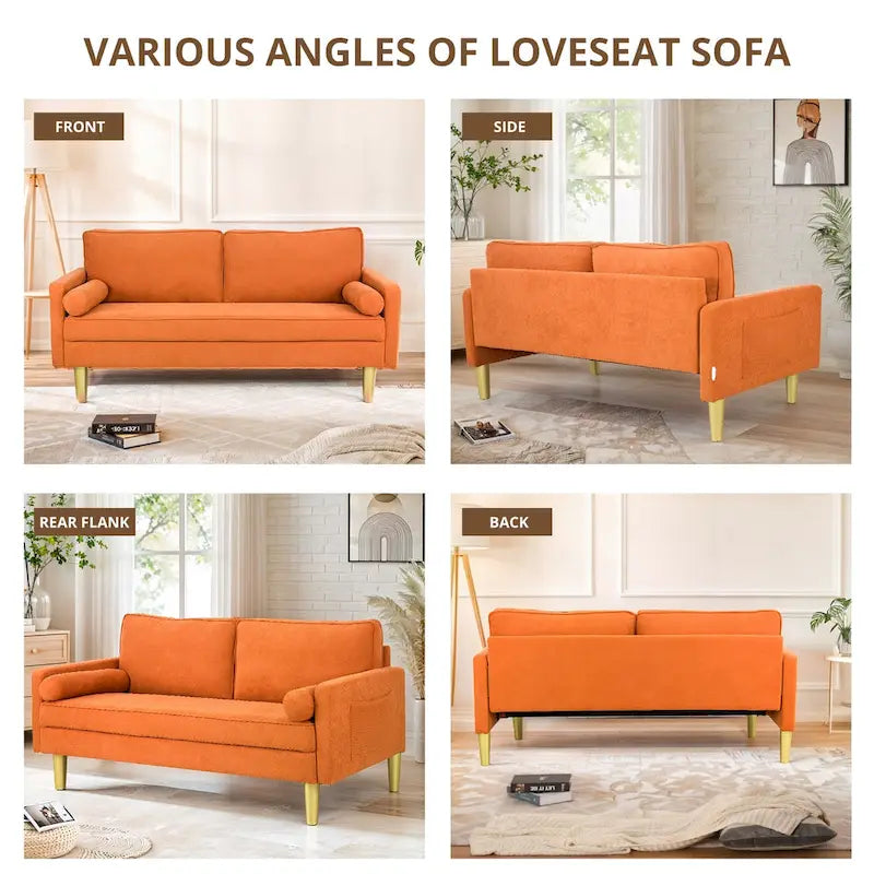 Elegant 65-Inch Orange Polyester 2-Seater Loveseat with Side Pockets and Round Cushions 6