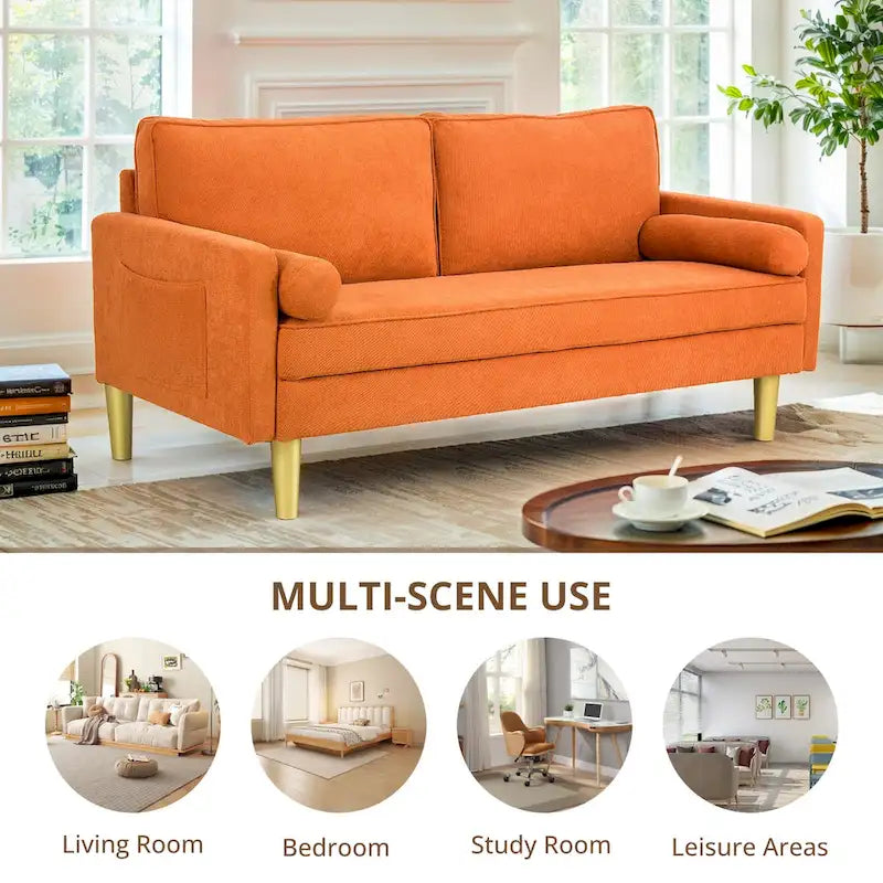 Elegant 65-Inch Orange Polyester 2-Seater Loveseat with Side Pockets and Round Cushions 7