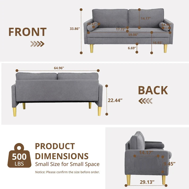 Elegant 65-Inch Orange Polyester 2-Seater Loveseat with Side Pockets and Round Cushions 10