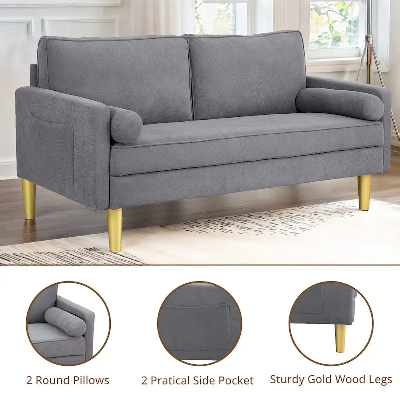 Elegant 65-Inch Orange Polyester 2-Seater Loveseat with Side Pockets and Round Cushions 12