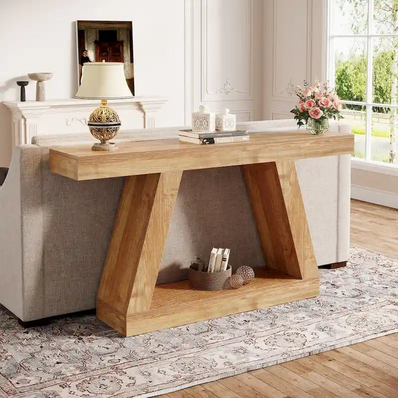 55-Inch Farmhouse Wooden Console Sofa Table with Storage - Dimensions: 11.81" D x 55.12" W x 31.5" H 2