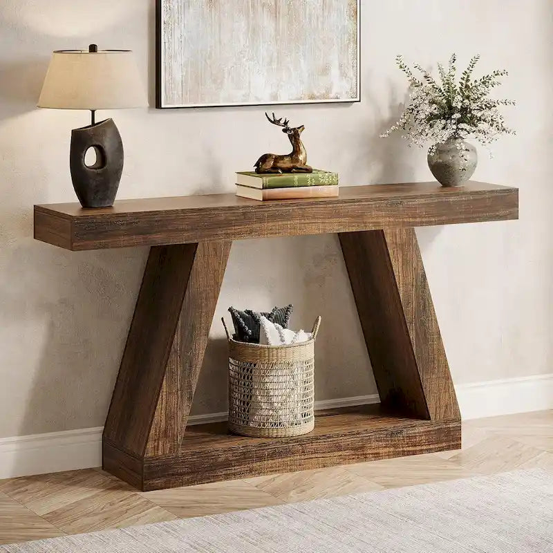 55-Inch Farmhouse Wooden Console Sofa Table with Storage - Dimensions: 11.81" D x 55.12" W x 31.5" H 11