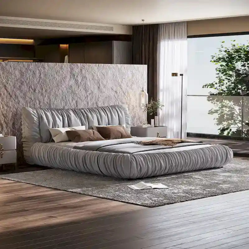 Light Grey King Size Luxury Upholstered Platform Bed with Removable Cushions and Sturdy Wooden Frame 1