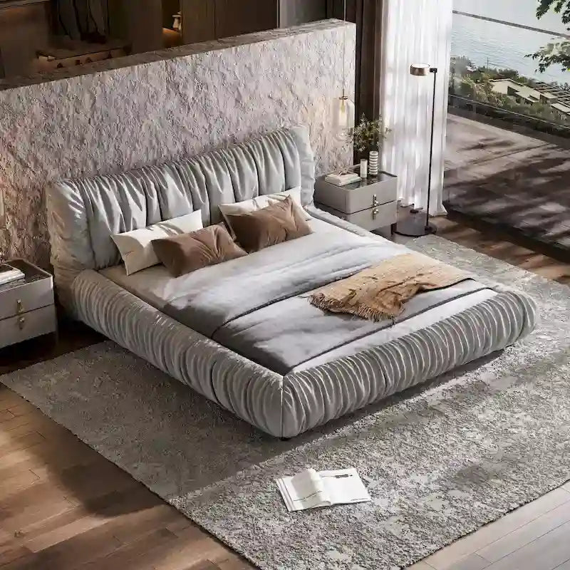 Light Grey King Size Luxury Upholstered Platform Bed with Removable Cushions and Sturdy Wooden Frame 2