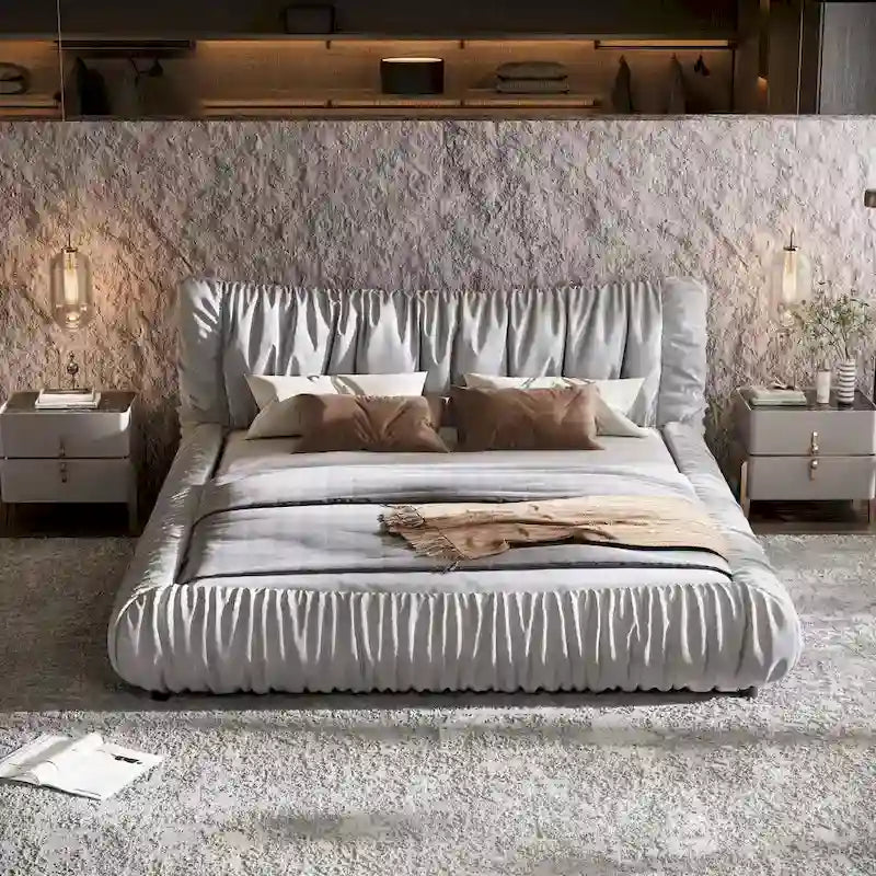 Light Grey King Size Luxury Upholstered Platform Bed with Removable Cushions and Sturdy Wooden Frame 3