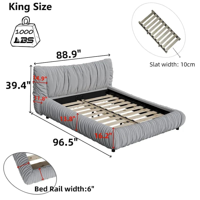 Light Grey King Size Luxury Upholstered Platform Bed with Removable Cushions and Sturdy Wooden Frame 5