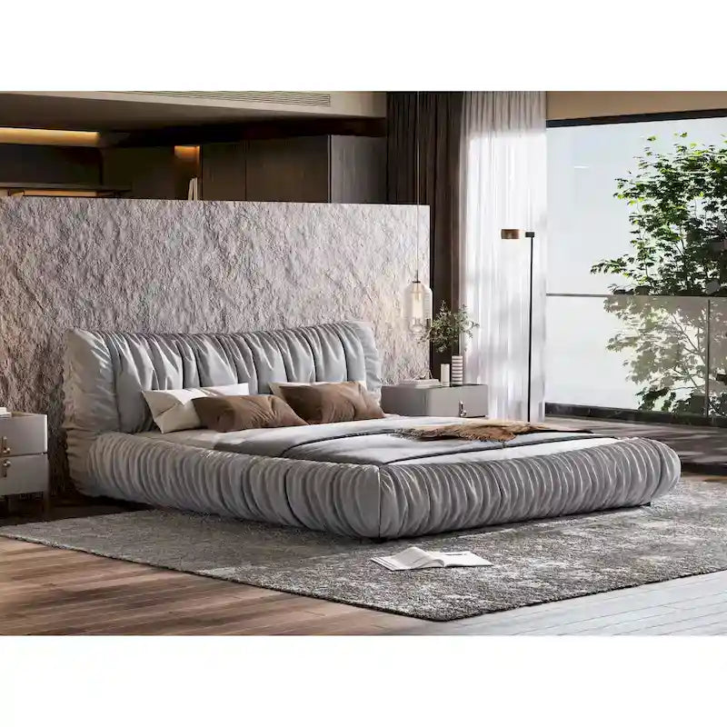 Light Grey King Size Luxury Upholstered Platform Bed with Removable Cushions and Sturdy Wooden Frame 11