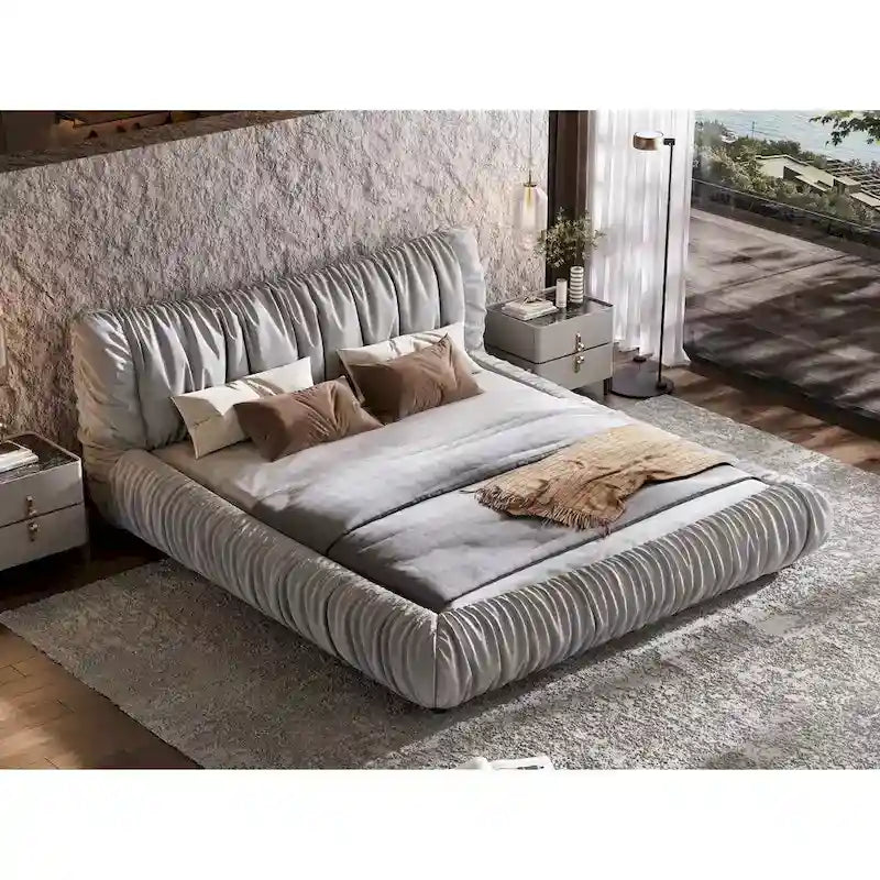 Light Grey King Size Luxury Upholstered Platform Bed with Removable Cushions and Sturdy Wooden Frame 12