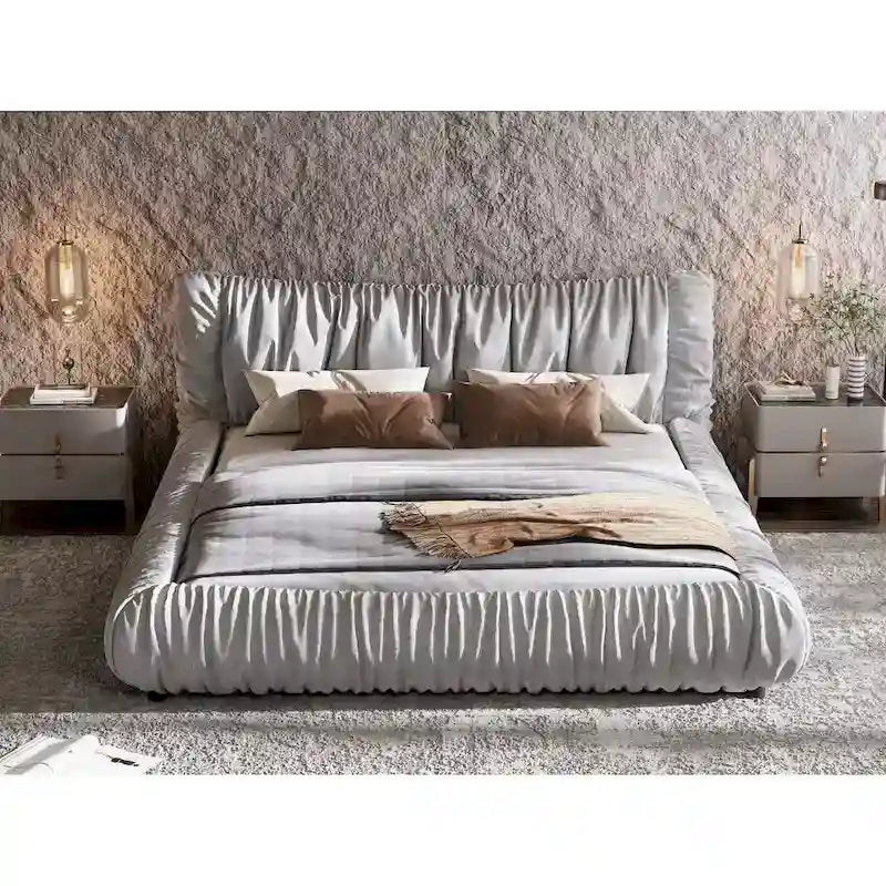 Light Grey King Size Luxury Upholstered Platform Bed with Removable Cushions and Sturdy Wooden Frame 13