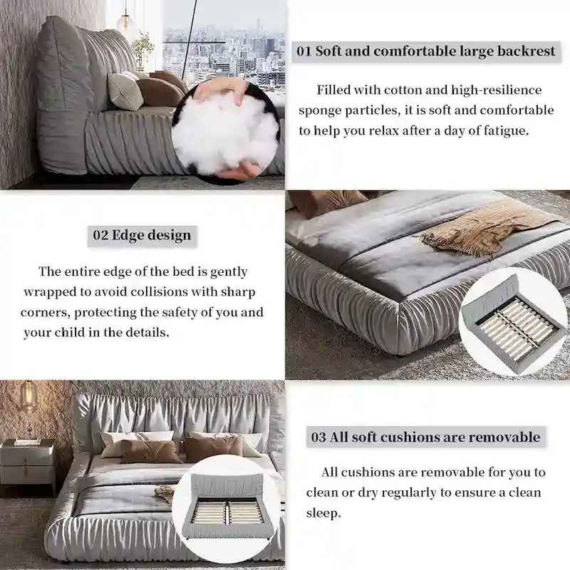 Light Grey King Size Luxury Upholstered Platform Bed with Removable Cushions and Sturdy Wooden Frame 15