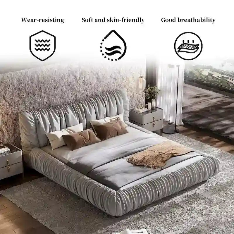 Light Grey King Size Luxury Upholstered Platform Bed with Removable Cushions and Sturdy Wooden Frame 16