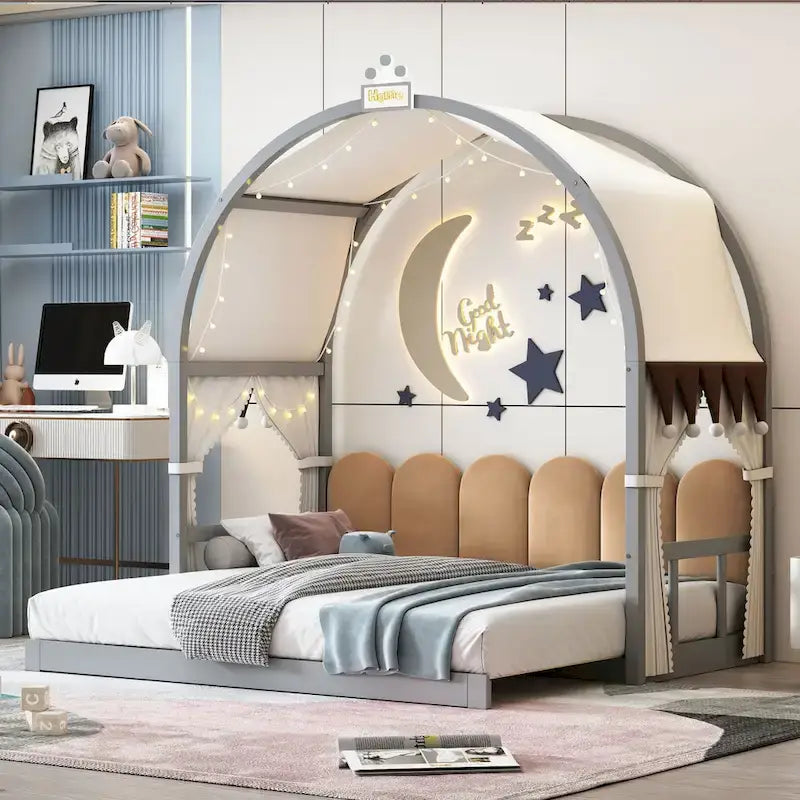 Gray Twin Bed with Arched Canopy and Trundle 1