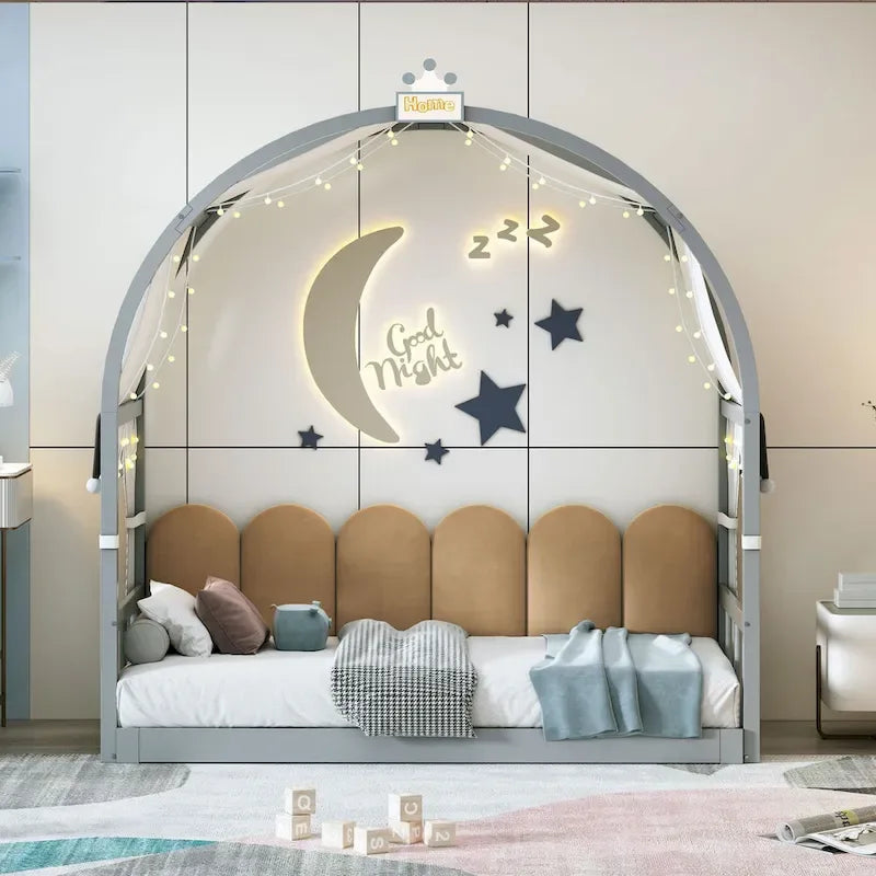 Gray Twin Bed with Arched Canopy and Trundle 2