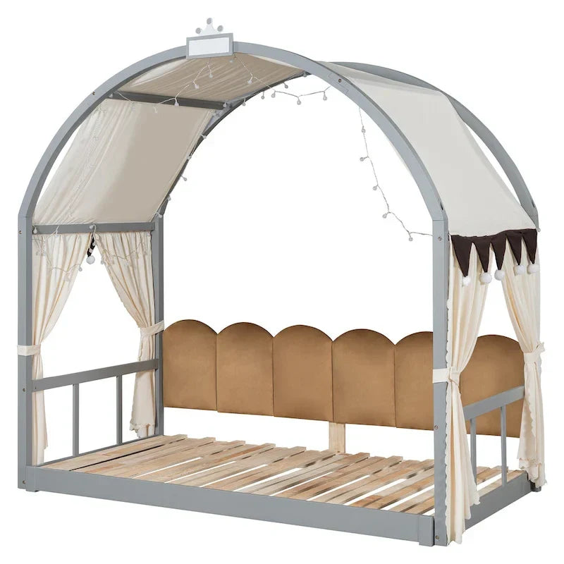 Gray Twin Bed with Arched Canopy and Trundle 9