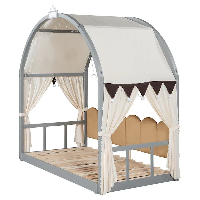 Gray Twin Bed with Arched Canopy and Trundle 11