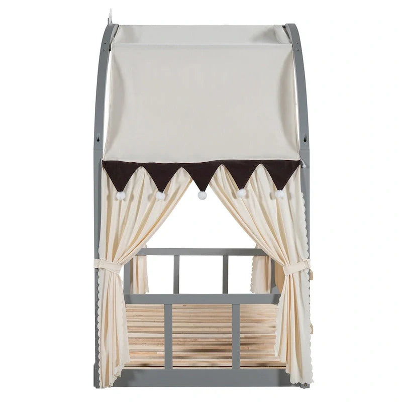 Gray Twin Bed with Arched Canopy and Trundle 13